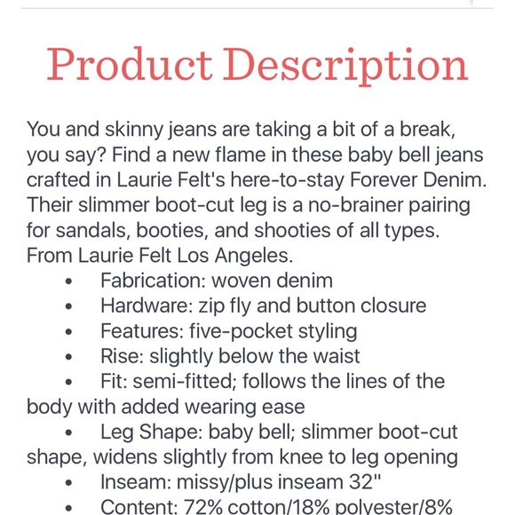 NWOT Laurie Felt Regular Forever Denim Baby Bell Jeans - Picture 7 of 7